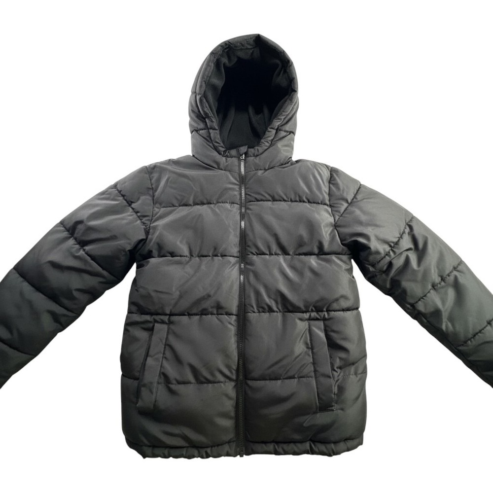 Swiss Tech Puffer Jacket Kids Size L 10-12 Black Hooded Fleece Lined Full Zip